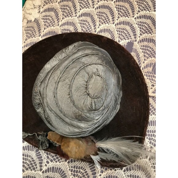 Antique Edwardian Bird Hat 1900s 1910s Wide Brim Silk Velvet Dramatic Steampunk - Picture 5 of 7